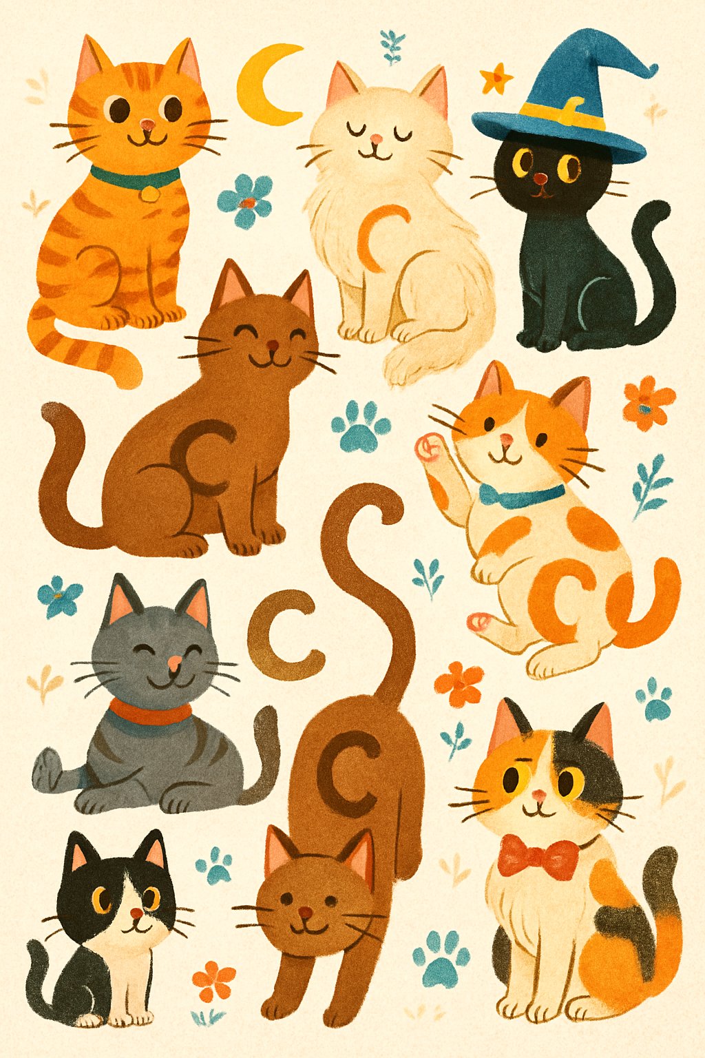A group of playful cats with different colors and accessories in a whimsical setting decorated with paw prints and crescent moons.