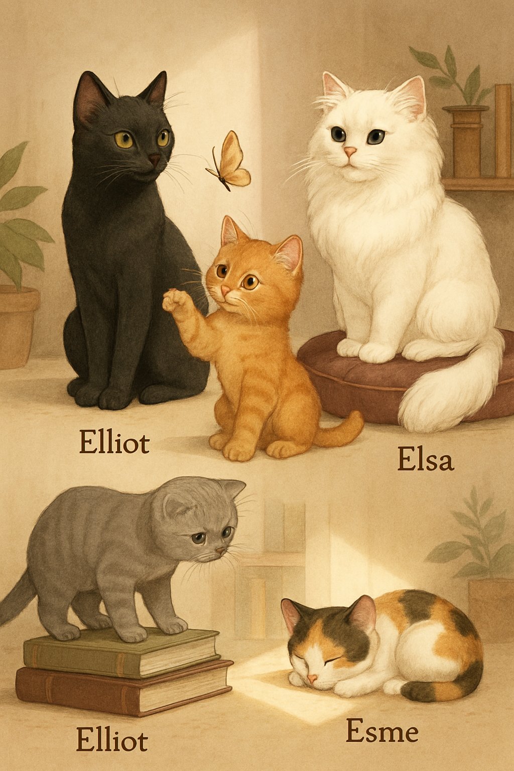 Five cats in a cozy indoor setting, each with different colors and poses, surrounded by plants, books, and cushions.