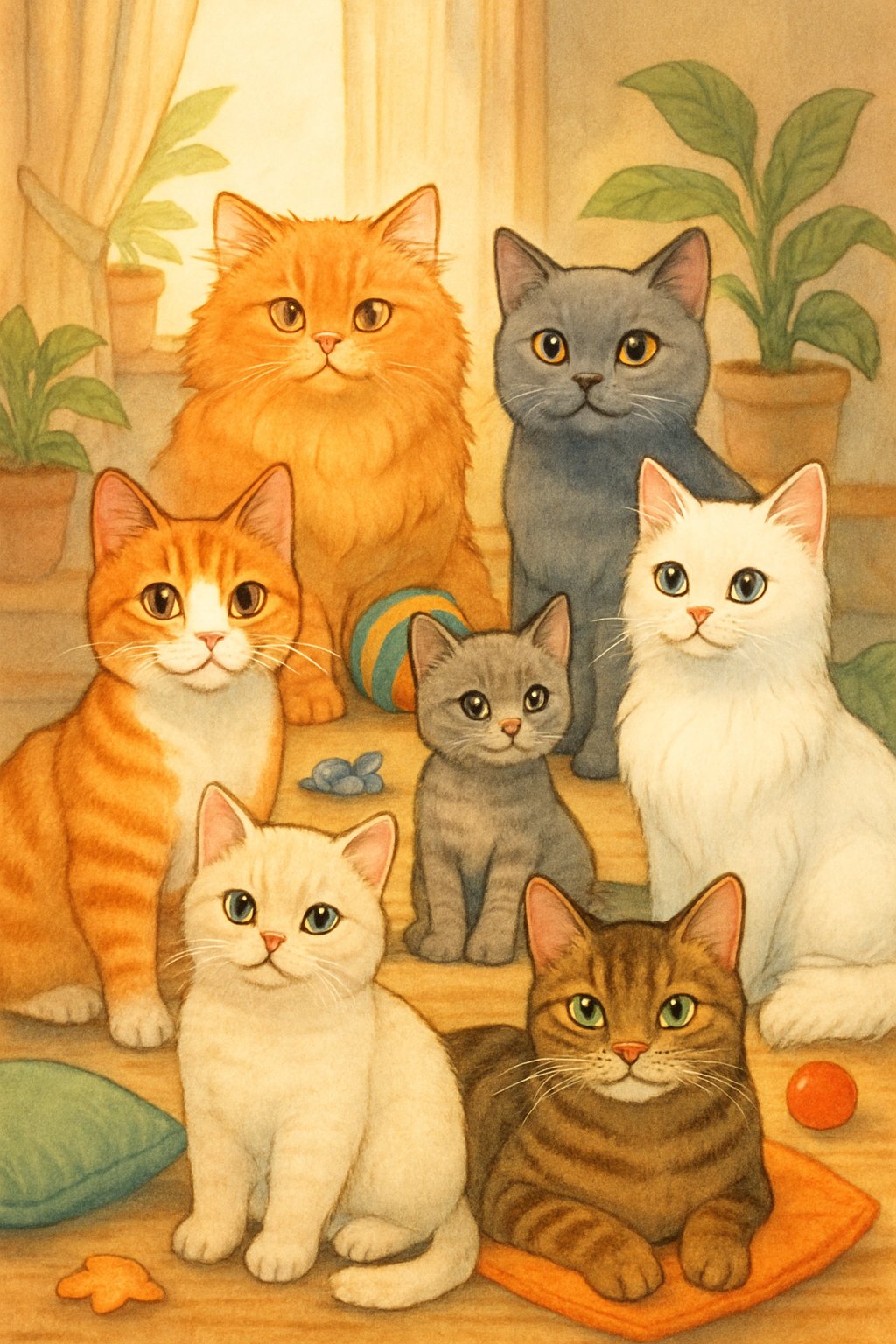 A group of various cats sitting and playing together in a cozy indoor space with soft lighting and decorative plants.