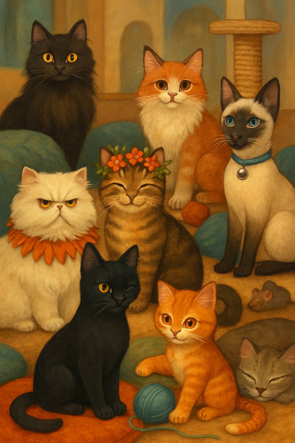 A cozy indoor scene showing several cats of different breeds and colors, each with unique features and accessories, interacting peacefully in a warm, inviting room.