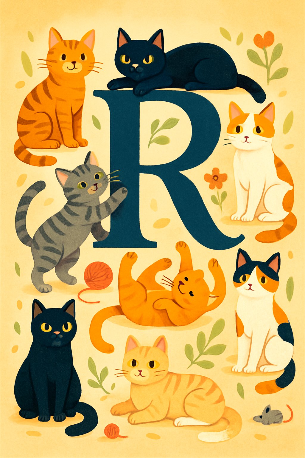Several cats of different colors and patterns playing and resting around large decorative letter R shapes in a warm and cozy setting.