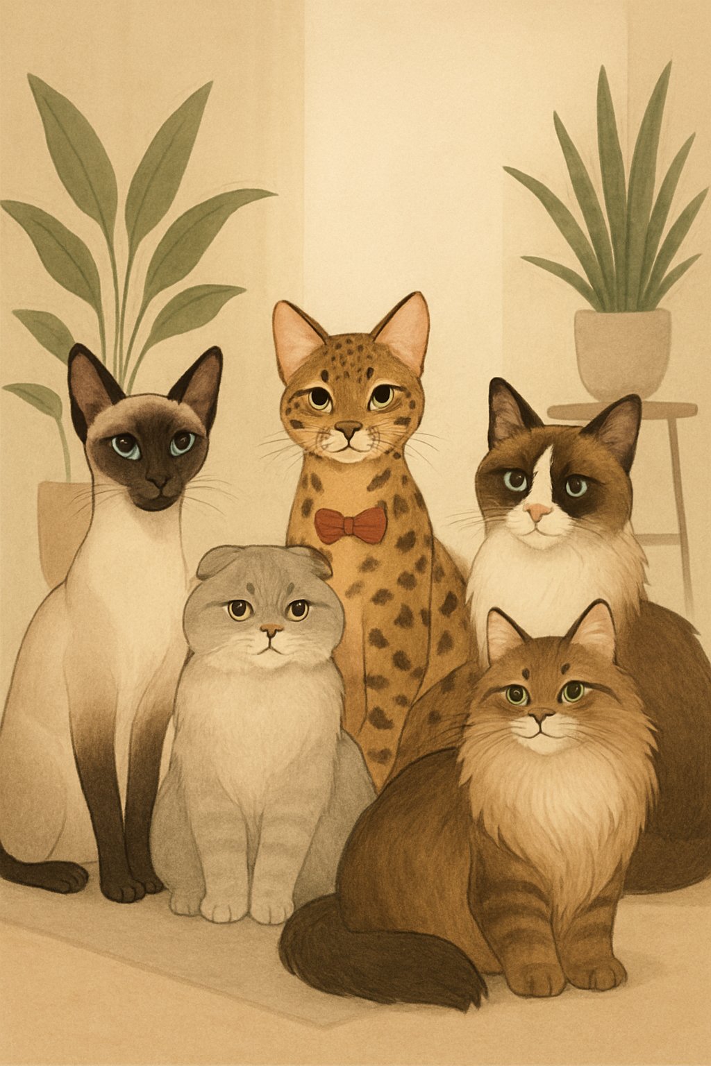 A group of five different cats sitting together indoors, each with unique fur patterns and features, in a warm and cozy room with plants and simple furniture.