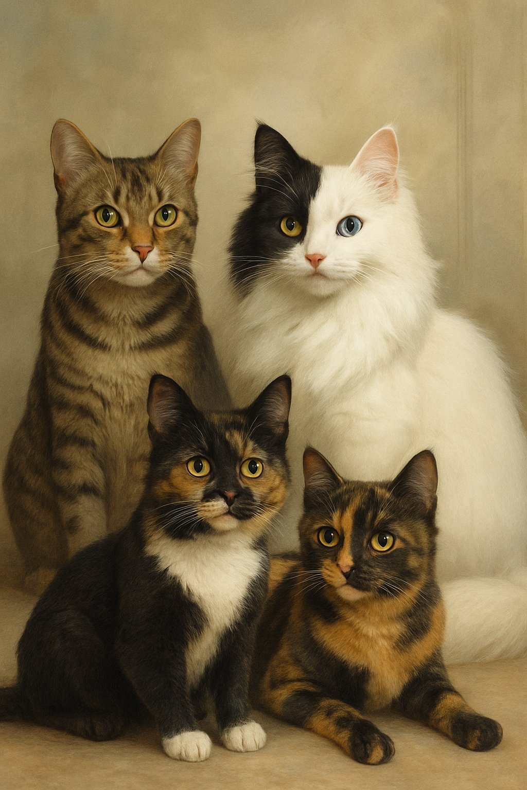 A group of four different cats with varied colors and patterns sitting together against a soft, natural background.