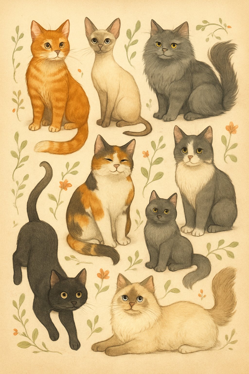 A group of diverse cats in different poses surrounded by decorative vines and flowers.