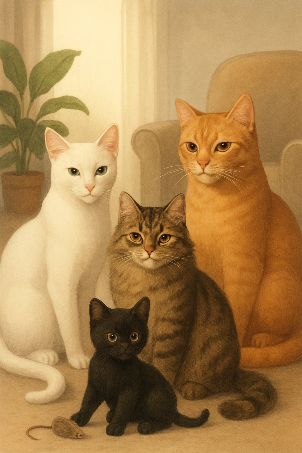 A group of cats of different breeds and colors gathered together indoors, each representing popular cat names starting with the letter W.