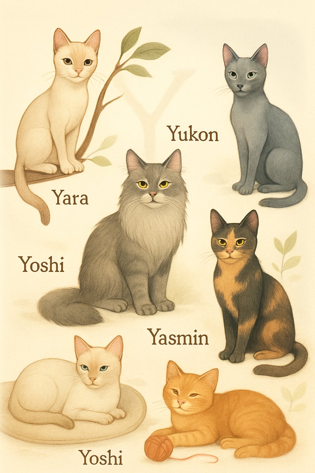 A group of different cats in various poses and colors arranged in a bright, cozy setting with yarn balls and cushions.