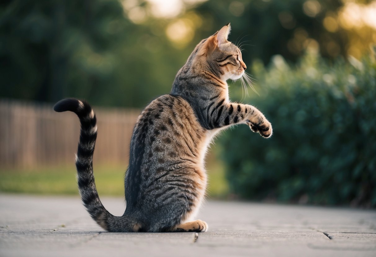 A cat arches its back, tail raised, and turns to face a person, presenting its rear end