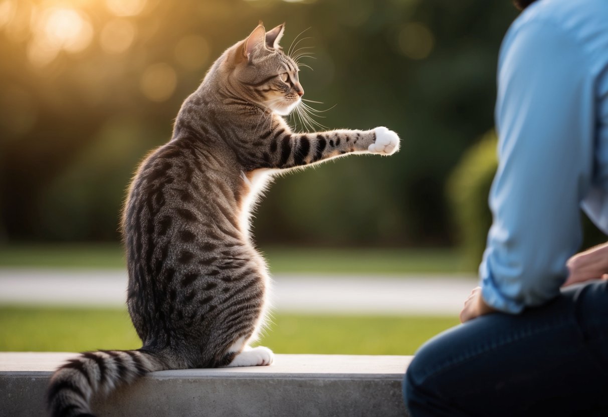 A cat arches its back, tail raised, and turns to face a person, presenting its butt in a friendly greeting