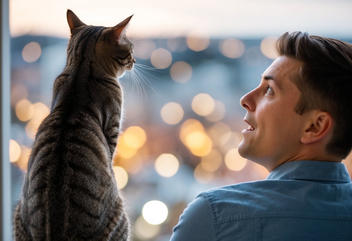 A cat with its tail up, presenting its derriere to a person's face, while the person looks bewildered or amused