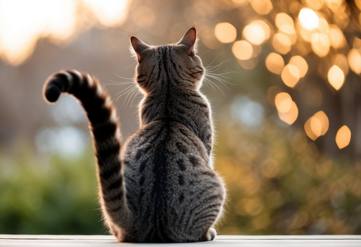 A cat sitting with its back to the viewer, lifting its tail to display its rear end