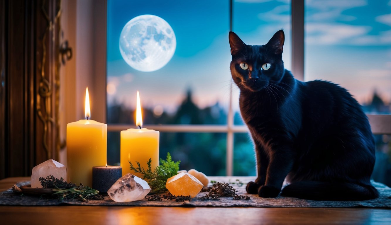 a mystical scene featuring a black cat sitting on an altar surrounded by candles, herbs, and crystals, with a full moon shining through a window in the background