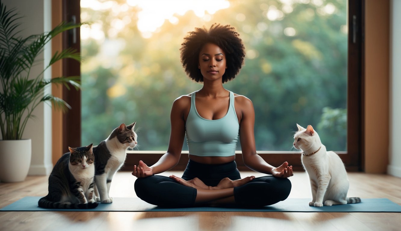 young black woman meditating on a yoga mat surrounded by peaceful cats