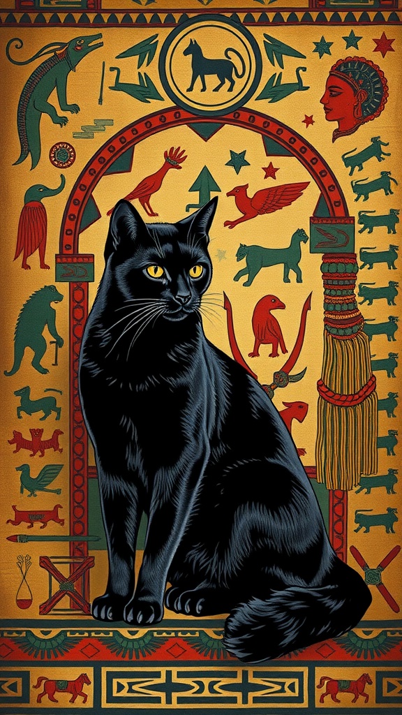A black cat surrounded by tribal symbols and patterns, representing African myths.