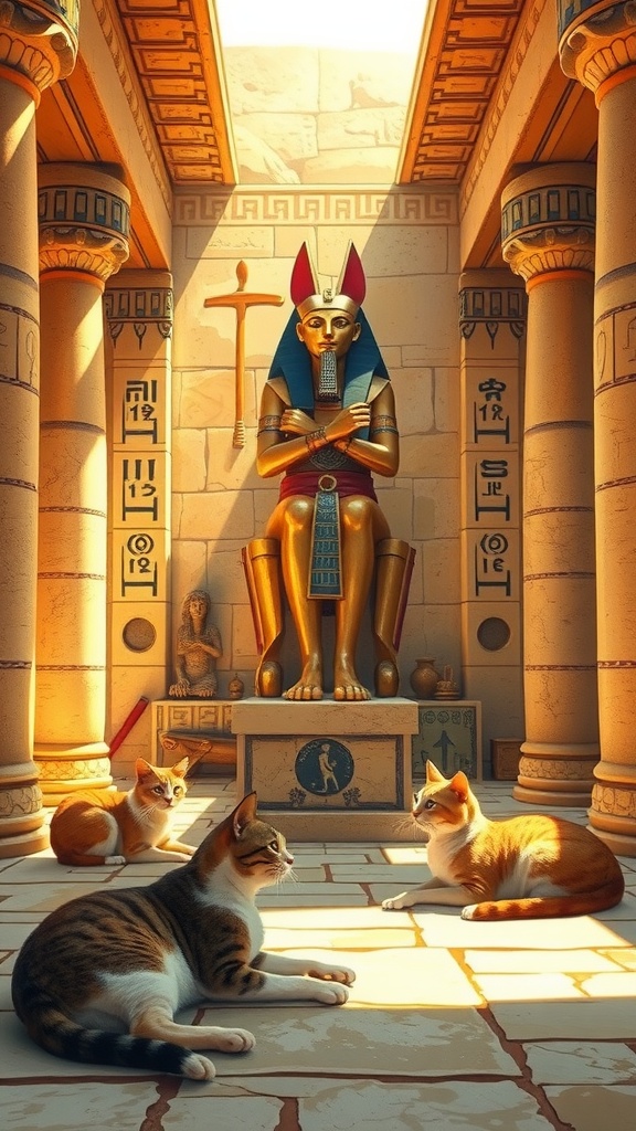 Statue of Bastet with several cats around it in an Ancient Egyptian setting