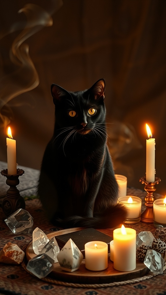 A black cat sitting among candles and crystals, embodying the essence of banishing negative energies in witchcraft.