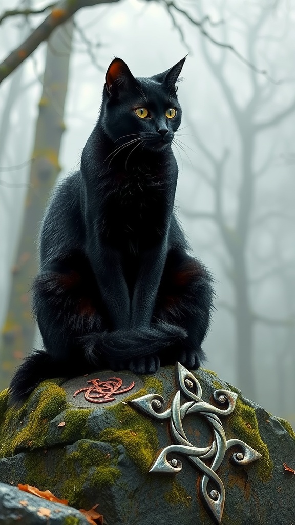 A black cat with yellow eyes sitting on a mossy stone in a misty forest, symbolizing the Cat Sìth from Celtic legends.
