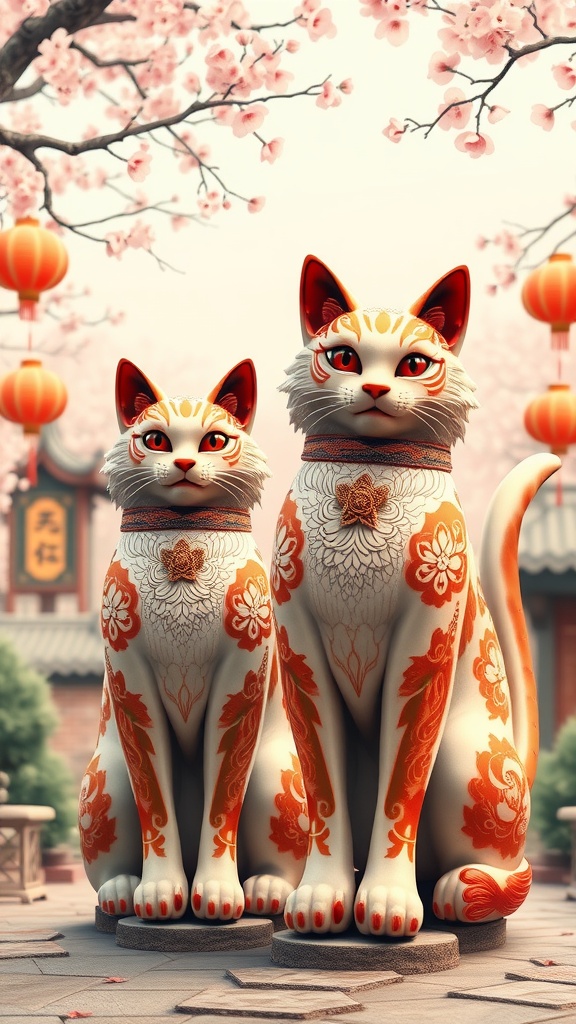 Ceramic guardian cats with floral patterns in a serene Chinese setting