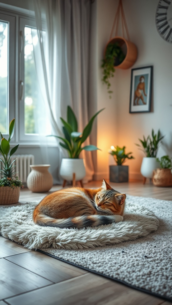 A peaceful indoor setting with a sleeping cat on a fluffy mat surrounded by plants.