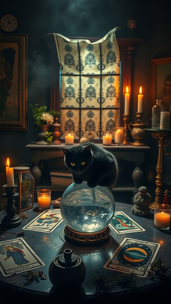 A black cat on a crystal ball surrounded by candles and tarot cards, creating an atmosphere of divination.