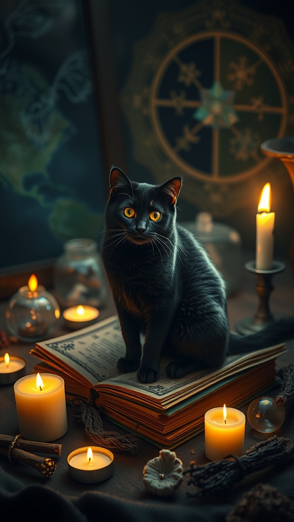 A black cat sitting on an open book surrounded by candles and magical symbols.