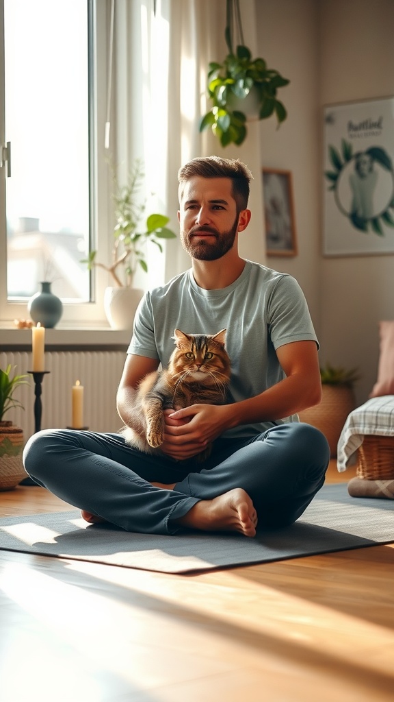 A person meditating on a yoga mat with a cat beside them, surrounded by candles and plants.