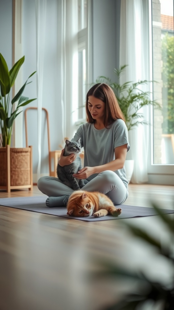 A cat sitting on a yoga mat with human feet, surrounded by plants and natural light.