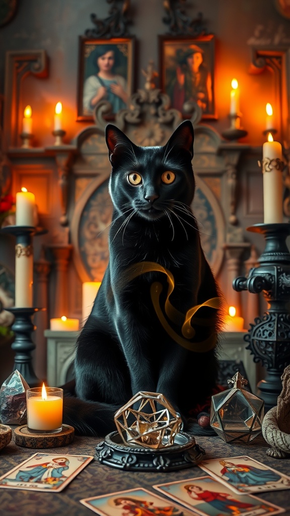 A black cat surrounded by candles and mystical objects, symbolizing the enhancement of psychic abilities in witchcraft.