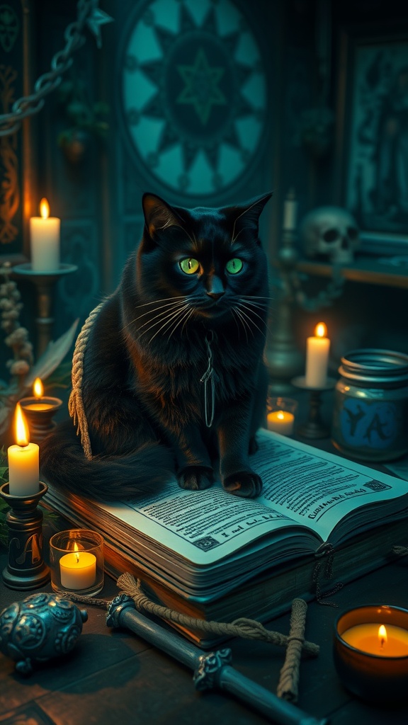 A black cat with bright green eyes sitting on an open book surrounded by candles and mystical objects, representing its role as a familiar in witchcraft.