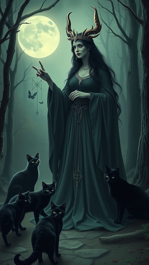 A mystical figure resembling Hecate, surrounded by black cats in a moonlit forest.