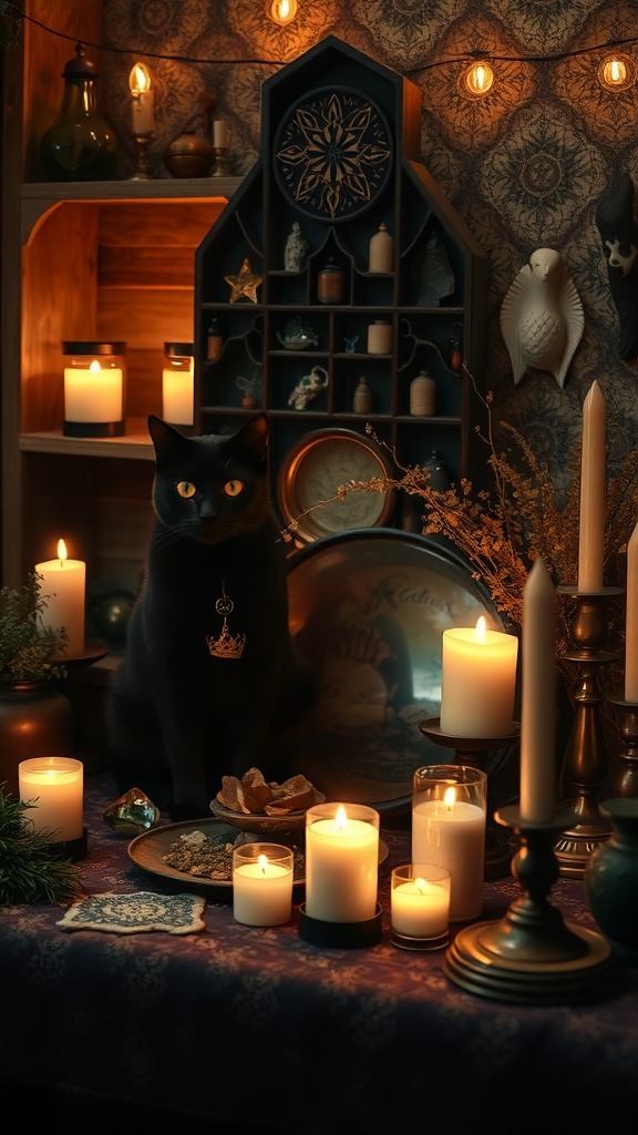 A black cat sitting among candles, herbs, and trinkets in a cozy, enchanting setup for healing rituals.