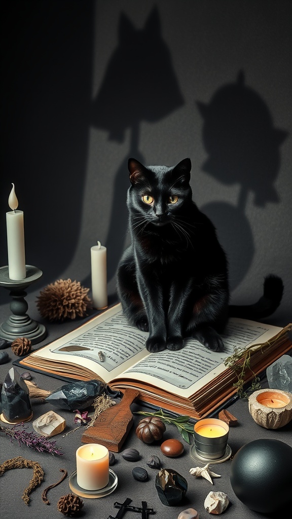 A black cat sitting on an open book with various herbs and candles around it, symbolizing herbal magic.