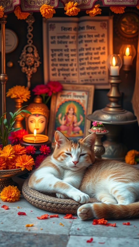 A peaceful setting featuring a resting cat surrounded by candles, flowers, and images of deities, symbolizing Hindu traditions and the goddess Shashthi.