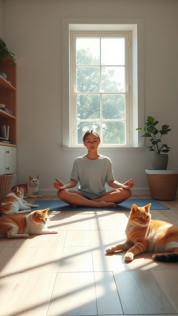 A person meditating with multiple cats around, creating a peaceful atmosphere.
