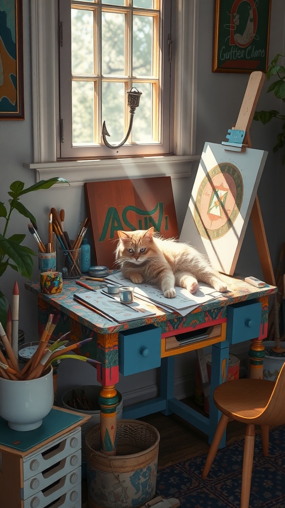 A furry cat lounging on a colorful artist's desk filled with art supplies, sunlight streaming through a window.