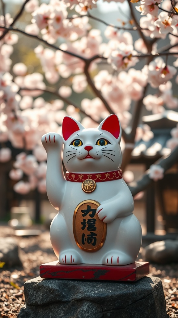 A Maneki-Neko cat figurine raising its paw, surrounded by cherry blossoms.