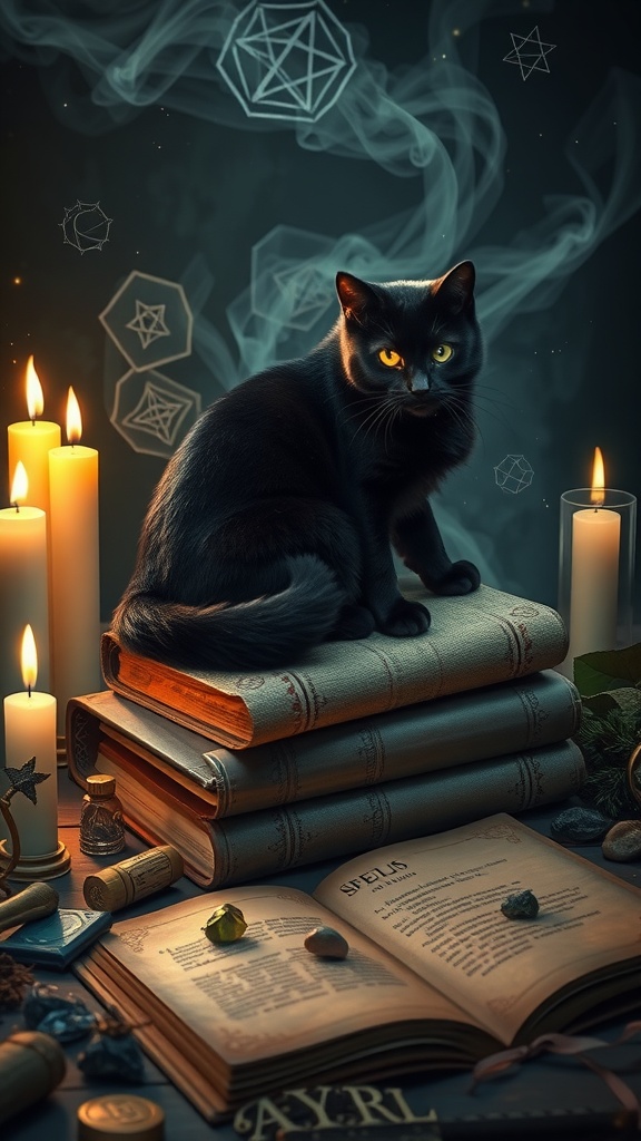 A black cat sitting on spellbooks with candles and mystical symbols in a dark setting.