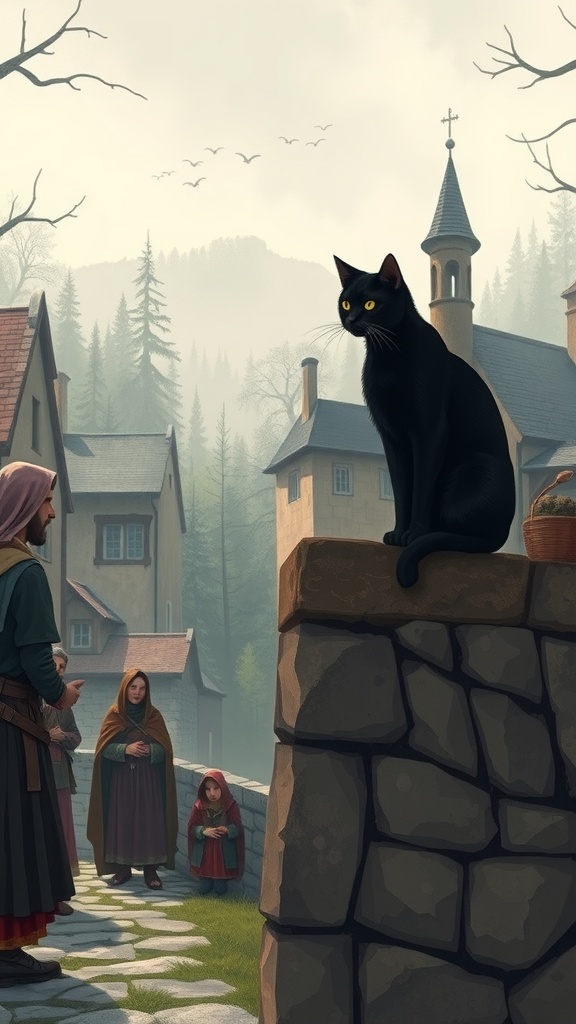 A black cat sitting on a stone wall, observing villagers in a medieval setting.