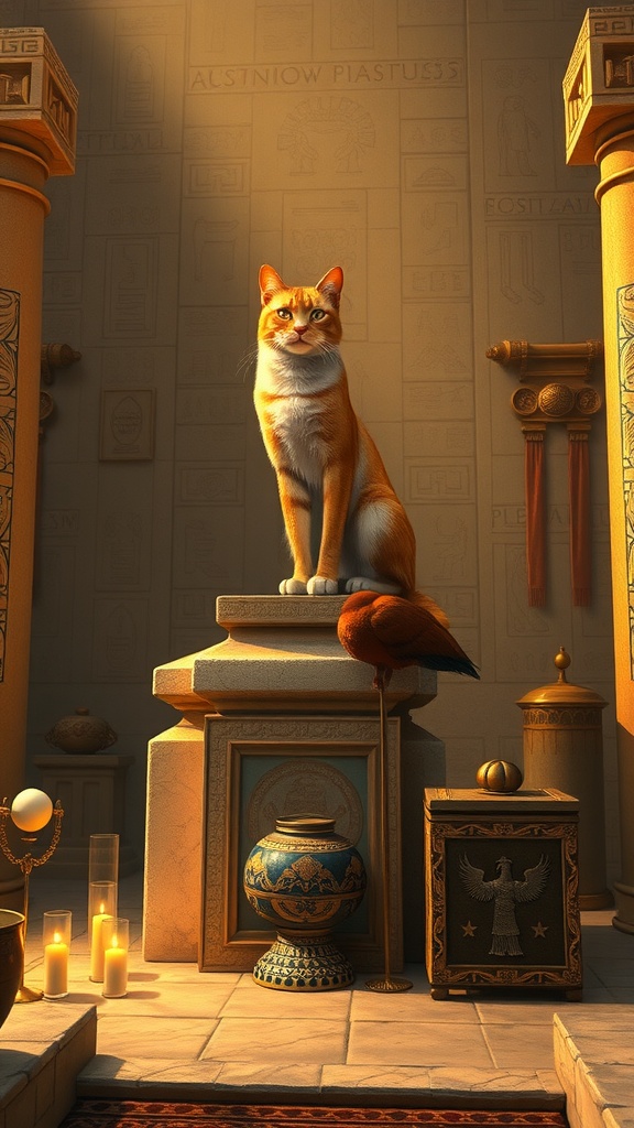 A regal cat sitting on a pedestal in an ancient setting surrounded by artifacts and candles