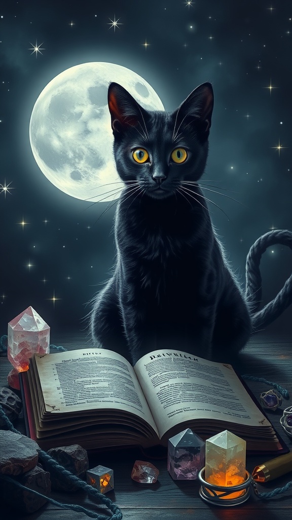 A black cat with yellow eyes sits in front of an open book under a full moon, surrounded by crystals.