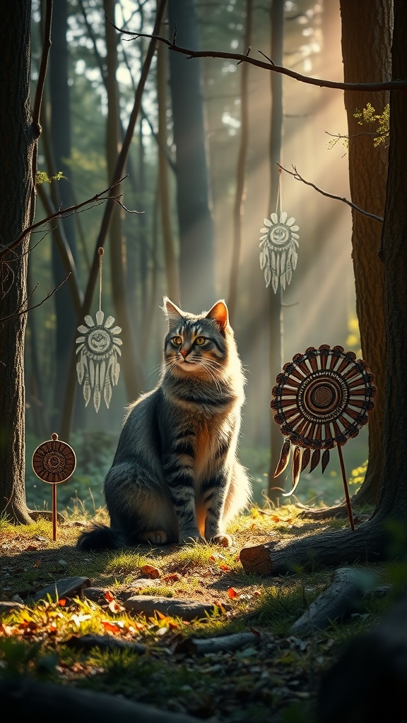 A cat sitting in a forest setting surrounded by Native American symbols.