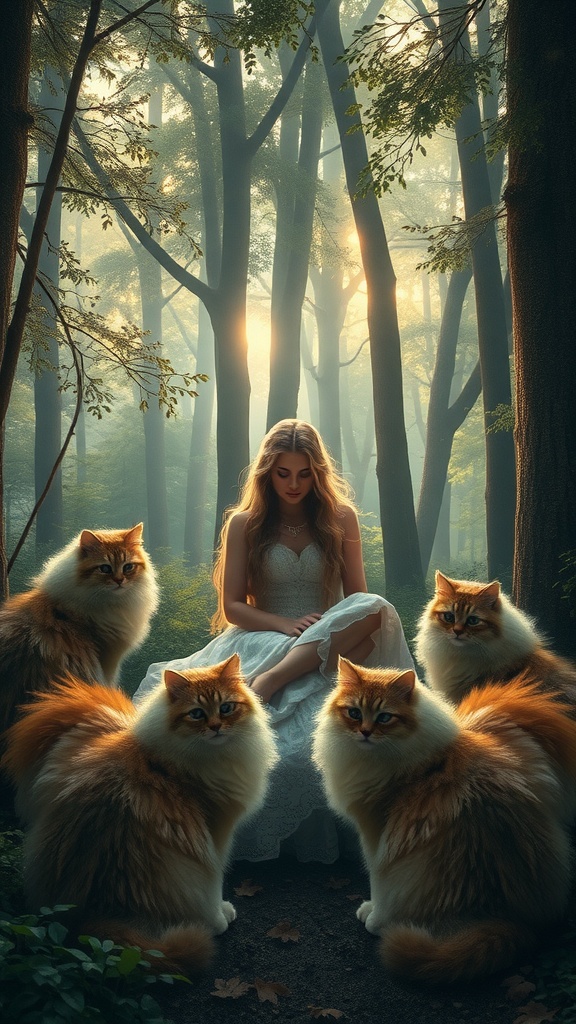 A woman in a forest surrounded by fluffy cats, symbolizing Freyja from Norse mythology.