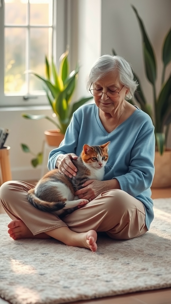 Person sitting on the floor with a cat in their lap, surrounded by plants and warm sunlight.