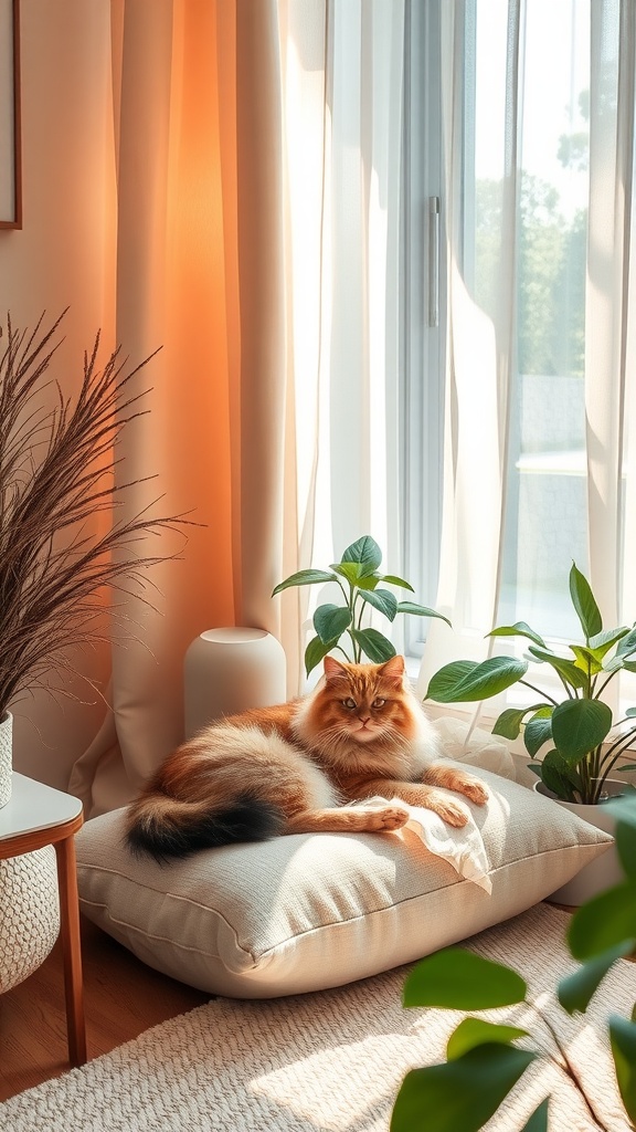 A calm cat lounging on a soft pillow surrounded by plants and natural light.