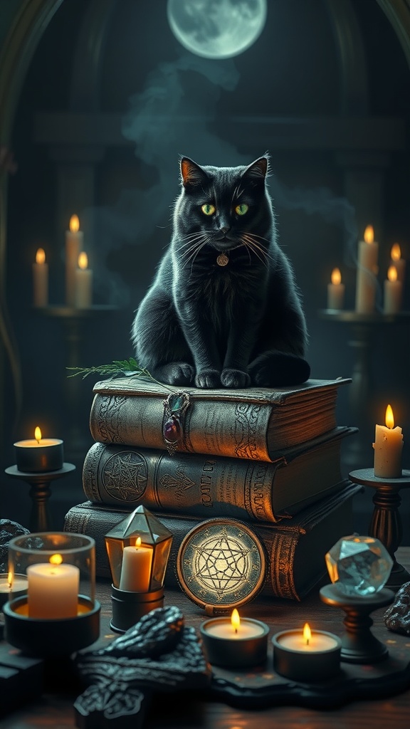 A black cat sitting on ancient books surrounded by candles and magical objects, creating a mystical atmosphere.