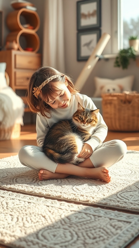 A relaxed cat comfortably resting on a person's lap in a cozy room.