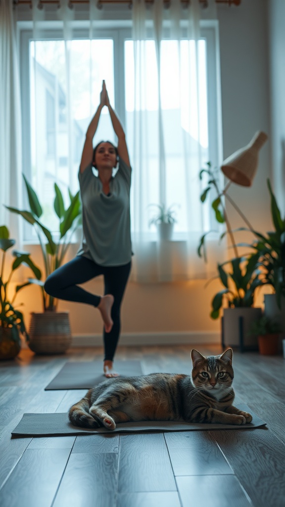 A person practicing yoga with a cat lounging nearby in a cozy room.