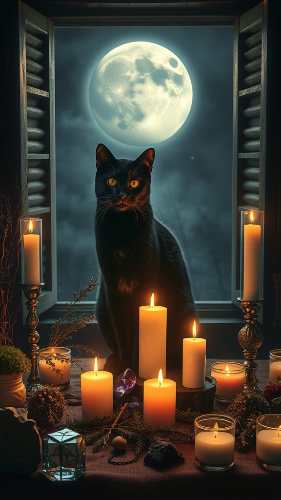 A black cat sitting in front of candles and a full moon, symbolizing its role as a ritual companion in witchcraft.