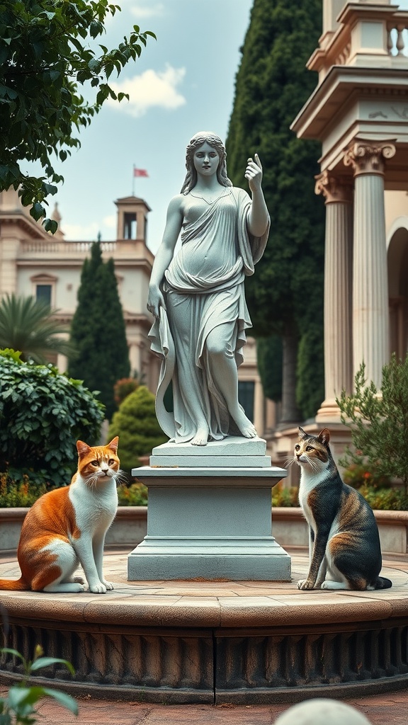 A statue of the Roman goddess Diana surrounded by several cats in a serene garden setting.