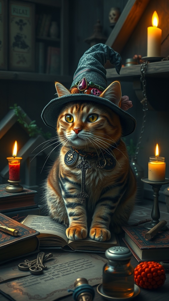 A group of cats in witch hats gathered around a table with candles and a spellbook.
