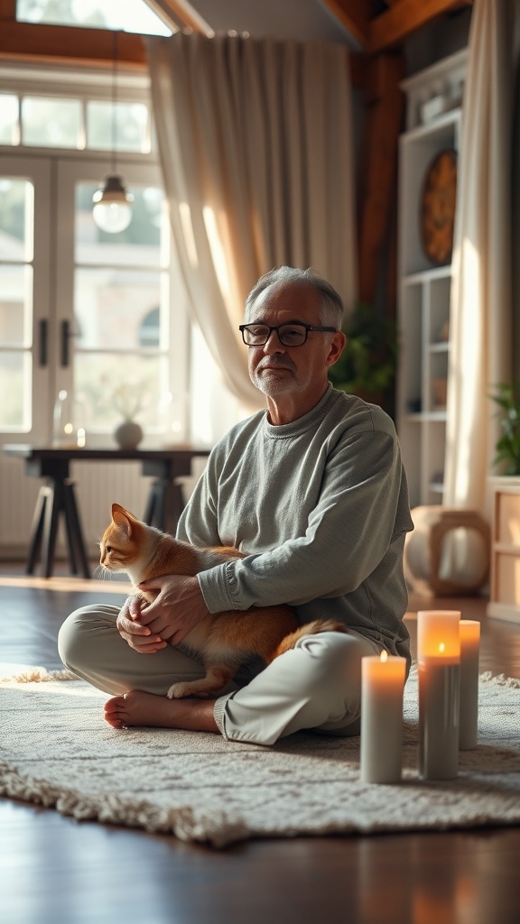 A cat sitting on a person’s lap in a serene, candle-lit room.